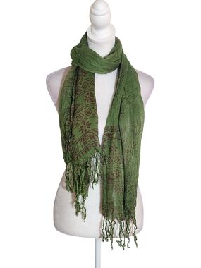Fresh Brewed Green and Burgundy Boho Woven Scarf with Fringe Trim One Size